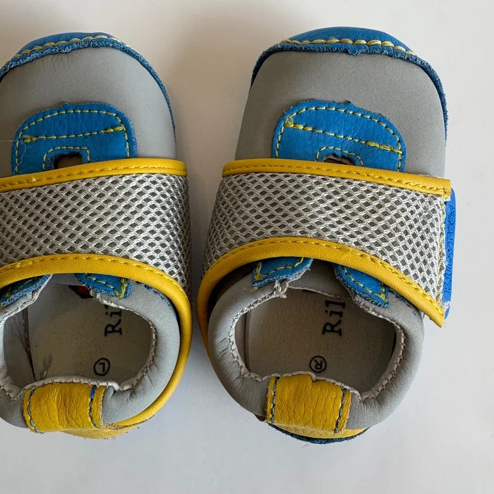 Rileyroos Baby Shoes Blue‎ Grey Yellow Leather Mesh Strap 6-12 Months Soft Sole